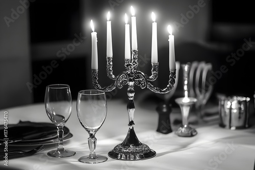 A table with a candle holder and glasses on it photo