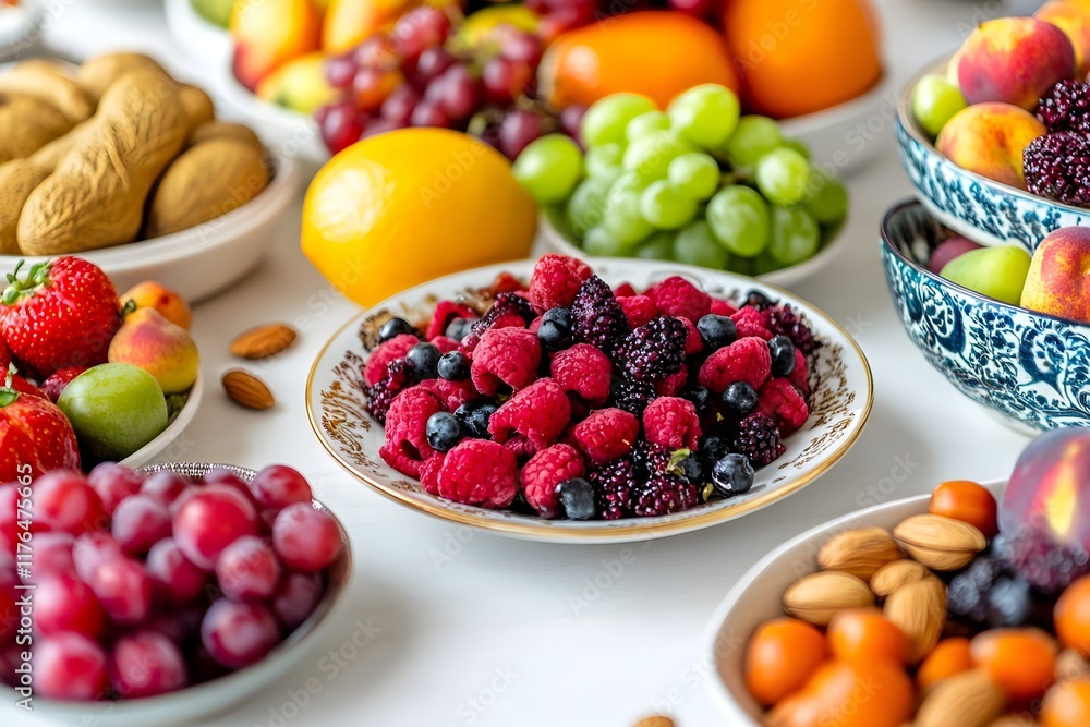 A table full of fruits and nuts, including apples, oranges, grapes A table full of fruits and nuts, including apples, oranges, grapes