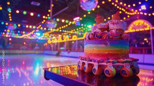 A colorful cake on a skate rink, surrounded by festive lights for a celebration.