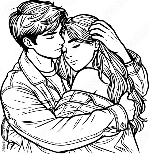 The art Couple Hug Romance Relation Pose Black and White Illustration Hand Drawn Clipart