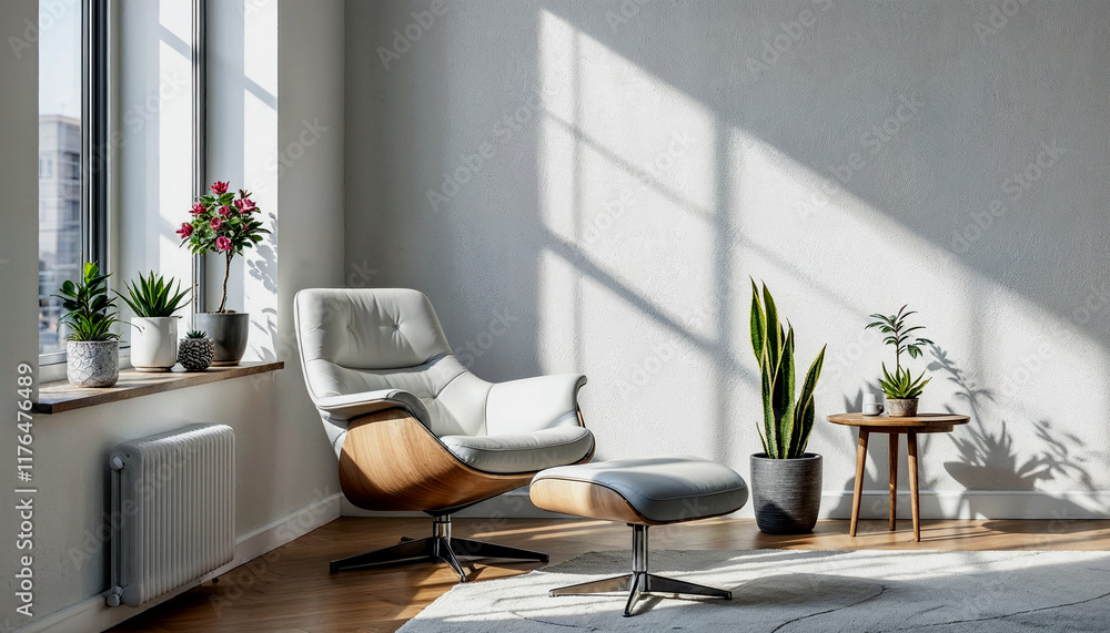 Modern, minimalist living room with a white leather swivel chair, a wooden side table, and a potted plant against a textured white wall Modern, minimalist living room with a white leather swivel chair, a wooden side table, and a potted plant against a textured white wall