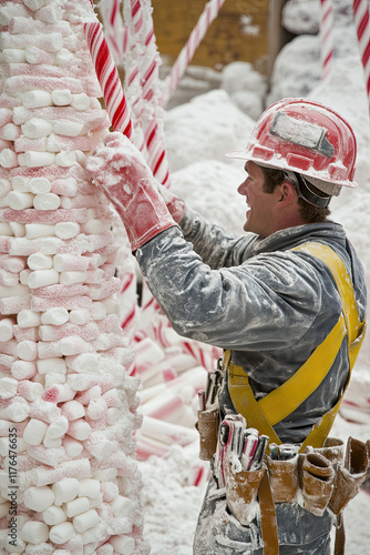 A construction worker building a tower of marshmallows, using candy cane tools photo