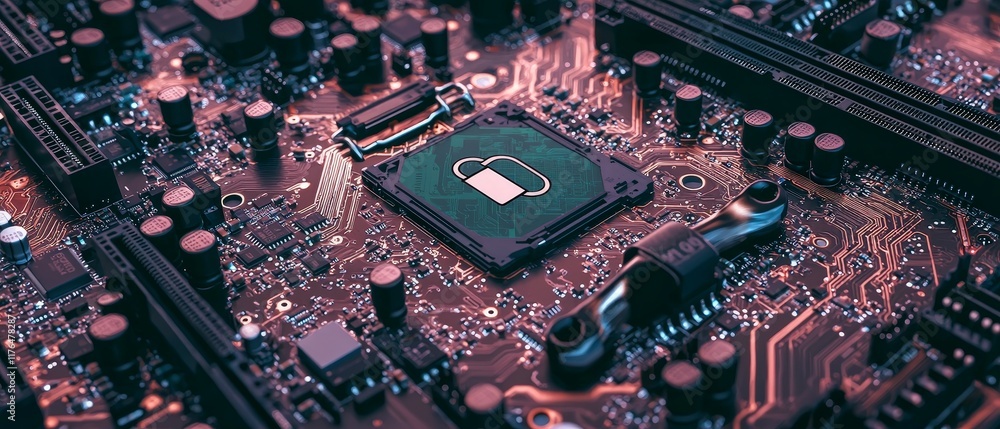 Secure Data Microchip with Lock Symbol Motherboard CPU Cybersecurity Concept Secure Data Microchip with Lock Symbol Motherboard CPU Cybersecurity Concept