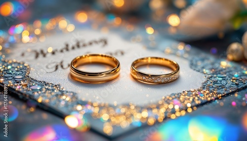Wallpaper Mural Wedding rings on invitation card with bokeh lights and glitter decorations creating dreamy atmosphere. Romantic celebration concept. Torontodigital.ca