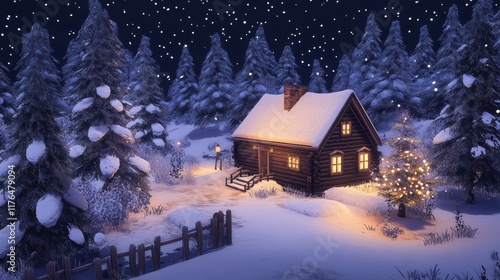 Winter Retreat, a snug cabin blanketed in snow, nestled among tall evergreen trees, exuding warmth in a serene, frosty landscape