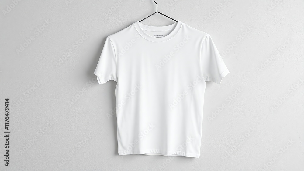A plain white tshirt hangs on a black hanger against a wall A plain white tshirt hangs on a black hanger against a wall