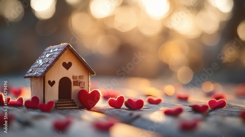 Wallpaper Mural Tiny red heart decorations surround a small wooden toy house on a light defocused background creating a romantic and whimsical atmosphere Torontodigital.ca