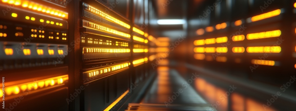 Advanced data center infrastructure, rows of servers, efficient cooling systems, vibrant LED indicators illuminating the environment Advanced data center infrastructure, rows of servers, efficient cooling systems, vibrant LED indicators illuminating the environment
