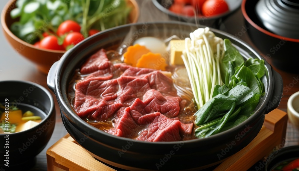 Delicious Japanese Sukiyaki Hotpot with Fresh Ingredients and Vegetables for Dinner Delicious Japanese Sukiyaki Hotpot with Fresh Ingredients and Vegetables for Dinner