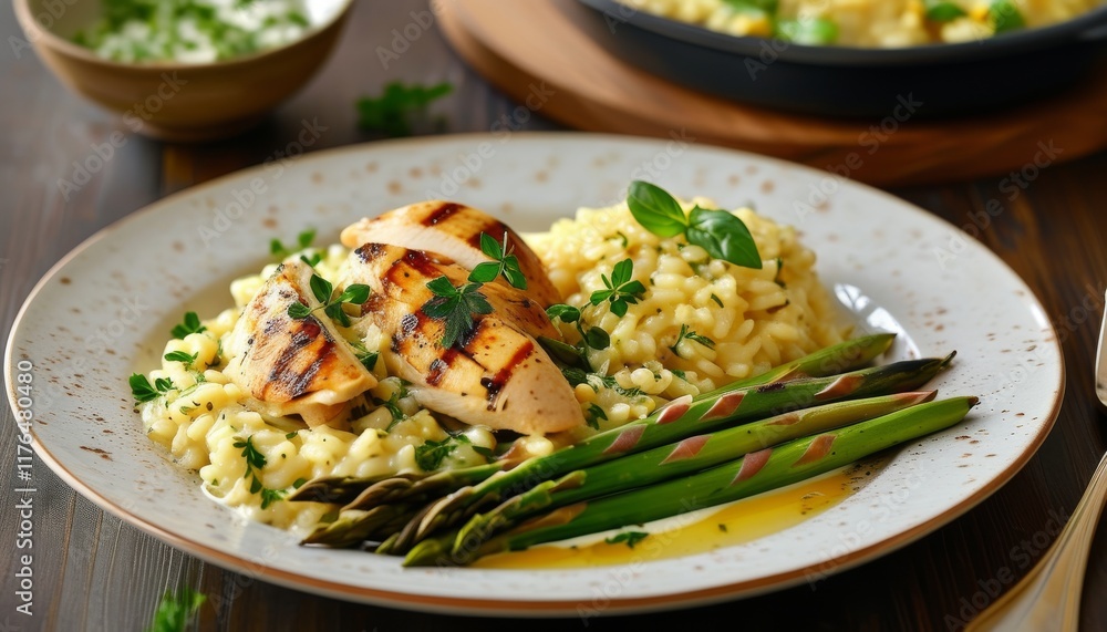 Grilled Chicken with Risotto and Asparagus on Rustic Wooden Table in Spring Setting Grilled Chicken with Risotto and Asparagus on Rustic Wooden Table in Spring Setting
