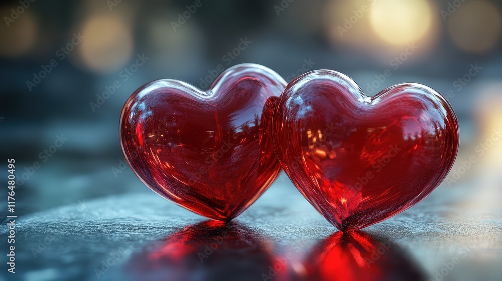 Romantic Concept of Two Beautiful Glass Hearts Symbolizing Love for Valentine's Day with Soft Bokeh Background Romantic Concept of Two Beautiful Glass Hearts Symbolizing Love for Valentine's Day with Soft Bokeh Background