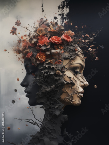 Divided Mindscape: Surreal Art of Bipolarity with Blooming Flowers and Falling Leaves photo