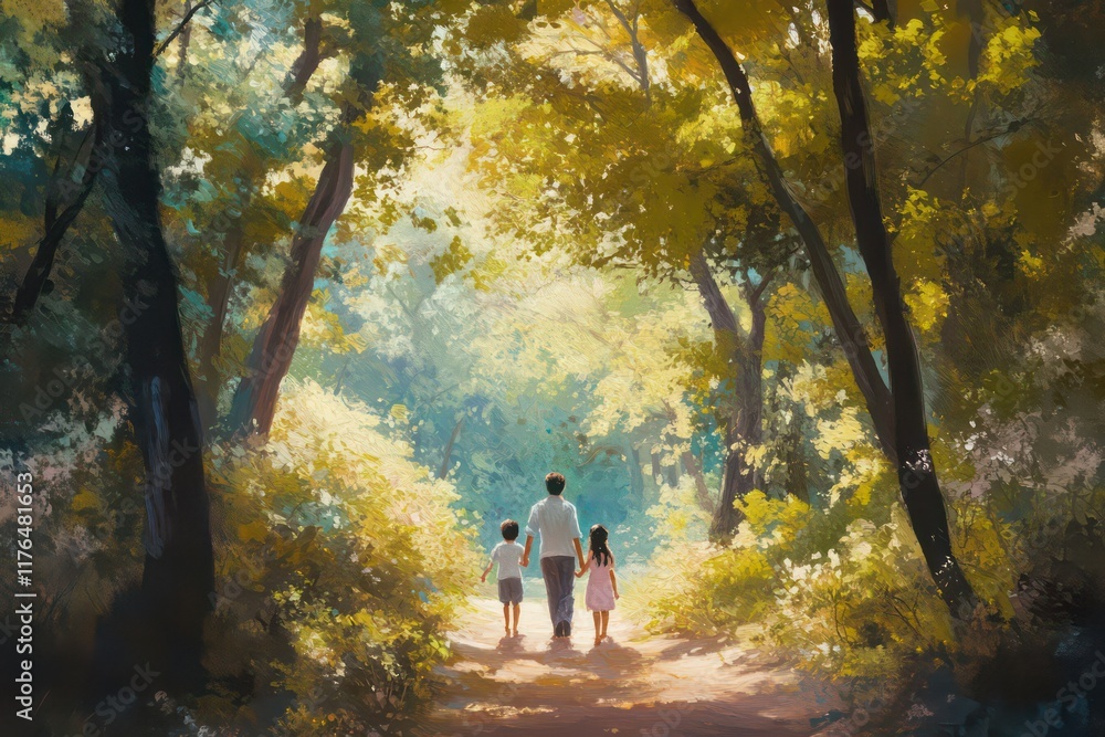 Fototapeta premium A family holding hands and walking through a serene forest trail, sharing a bonding moment.
