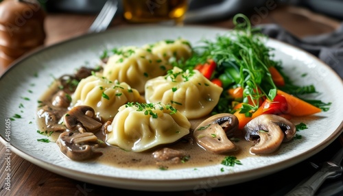 Delicious German Dumplings with Vegetables and Mushroom Sauce on a Rustic Wooden Table