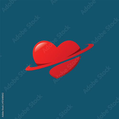 Love Planet Red heart orbiting in a graceful, stylized illustration.