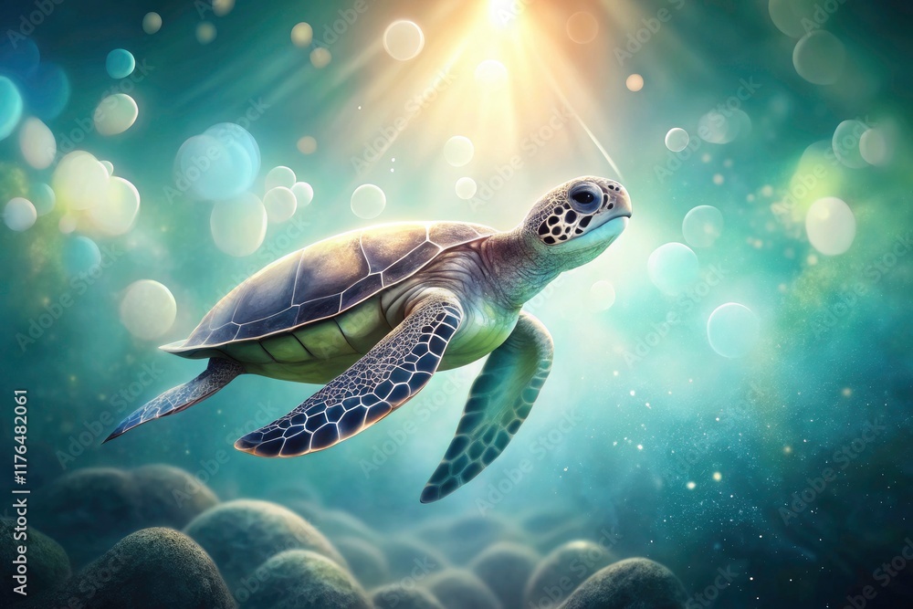 Fototapeta premium Minimalist Single Line Turtle Art, Bokeh Background, Peaceful Sea Creature, Gentle Ocean Life, Serene Underwater Scene