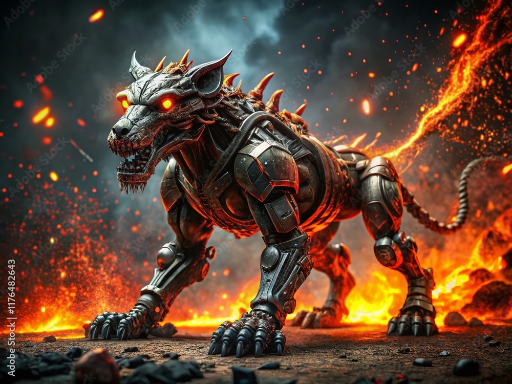 Fototapeta premium Vintage Photo: Molten Black Robotic Beast with Glowing Red Embers