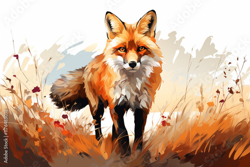 A fox walks looks forward on a white background as a T-shirt print . illustration in watercolor photo