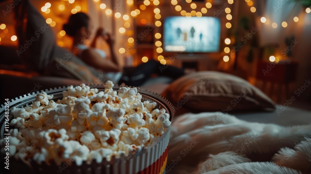 custom made wallpaper toronto digitalA cozy movie night scene with popcorn and warm lights, featuring a person enjoying a film.