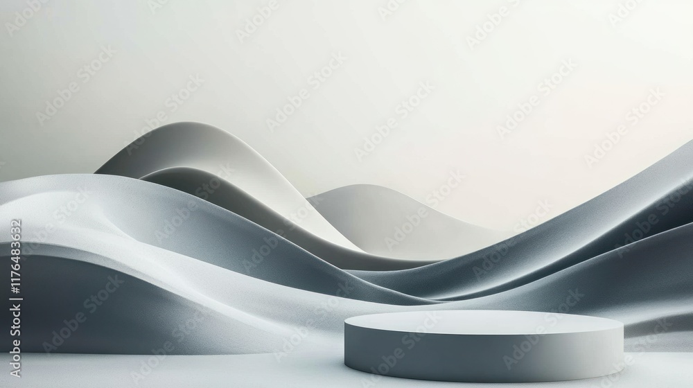 Fototapeta premium Monochrome background with abstract geometric liquid shapes. Contrasting mountains and smooth sand dunes form a flowing wave texture, highlighting an elegant product display stand