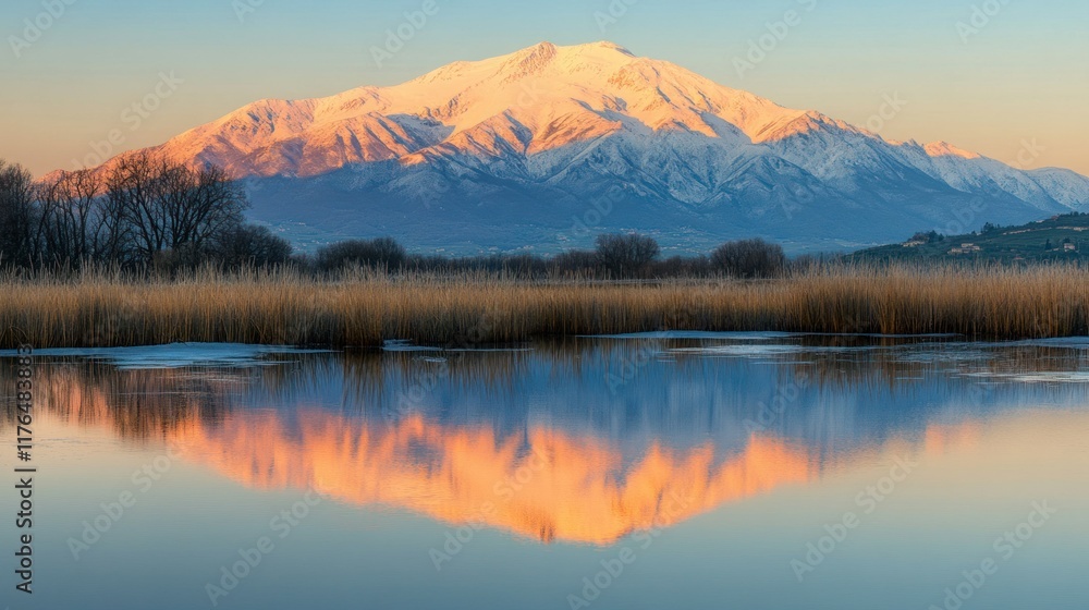 Mount Legnone's snow-covered peak illuminated by the first light of dawn, reflected in calm, glass-like floodwaters at Pian di Spagna. Mount Legnone's snow-covered peak illuminated by the first light of dawn, reflected in calm, glass-like floodwaters at Pian di Spagna.