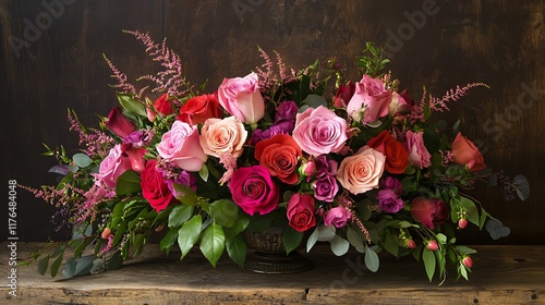 A lush bouquet of pink and red roses on a rustic table photo