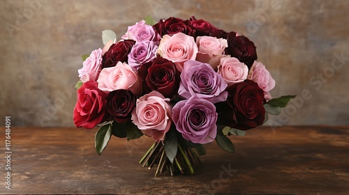 A lush bouquet of pink and red roses on a rustic table photo