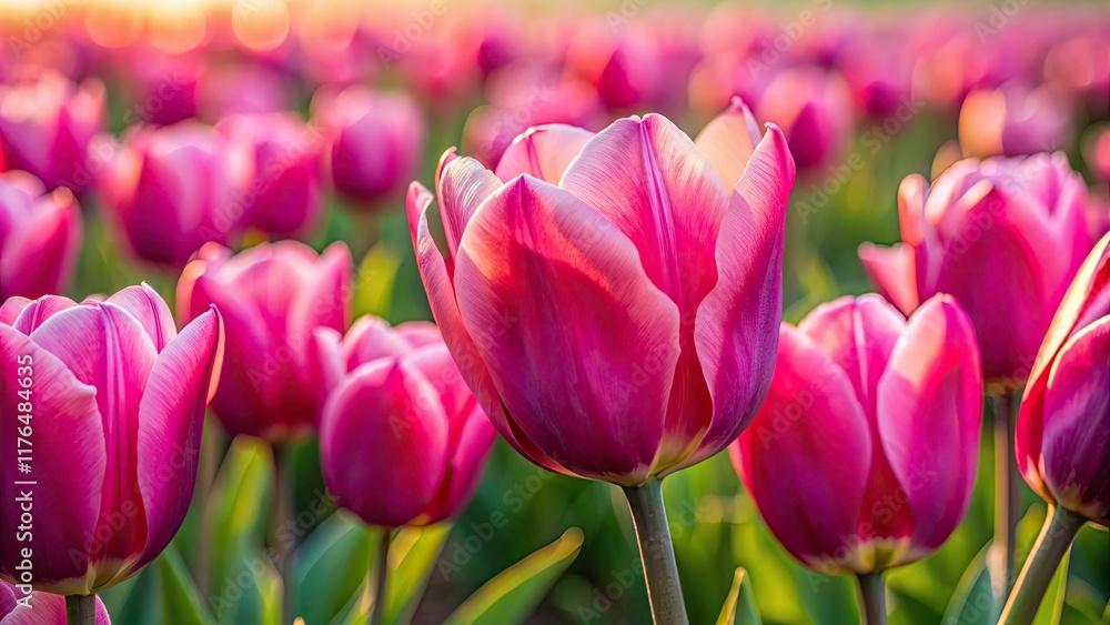 Fototapeta premium Netherlands Pink Tulips Close Up, Exotic Bloom, Spring Flowers, Dutch Tulip Fields Photography