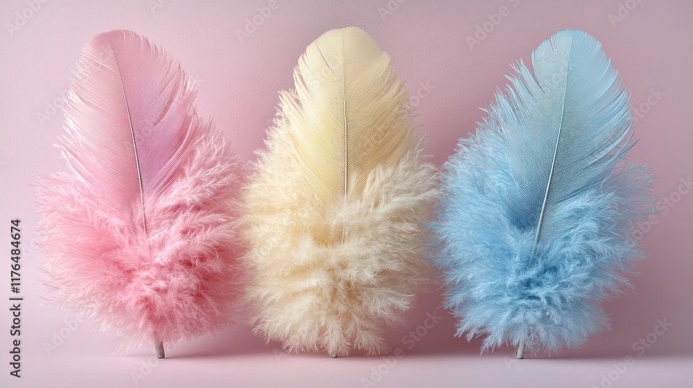 Obraz premium Three pastel feathers on pink background.