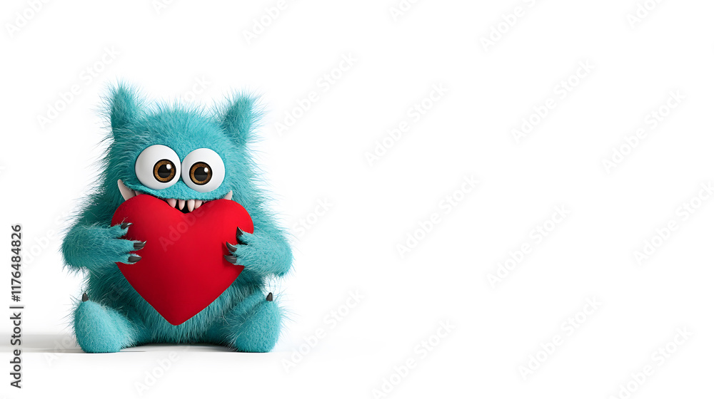 cheerful blue monster hugging big red heart, soft and fluffy, expressing love and joy cheerful blue monster hugging big red heart, soft and fluffy, expressing love and joy