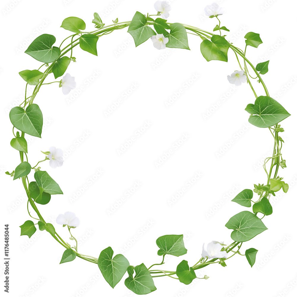 Circular frame made of green ivy and small white flowers, natural look. Isolated on transparent or white background cut out Circular frame made of green ivy and small white flowers, natural look. Isolated on transparent or white background cut out