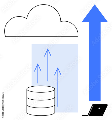 Cloud, large upward arrow, data storage cylinder, arrows, laptop. Ideal for cloud computing, data transfer, growth technology digital storage connectivity IT services. Simple design highlights