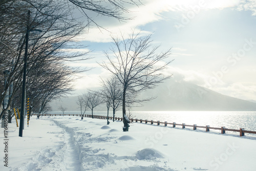 A snow-covered trail beside Lake Shikotsu in Hokkaido, Japan