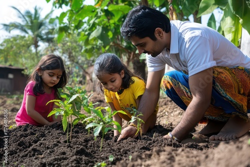 A family working together to plant trees in a community garden, contributing to an eco-friendly cause through CSR initiatives. photo