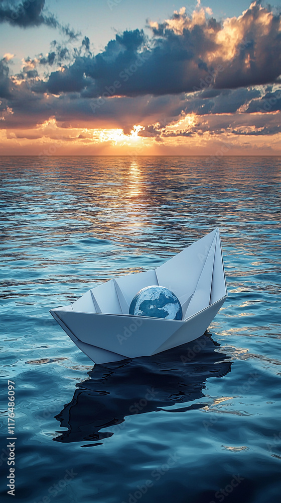Fototapeta premium Paper Boat with Earth Globe on Sunset Ocean