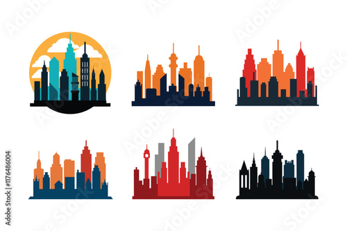 set of skyline, city skyline, city scape vector art collection bundle, silhouette of city skyline