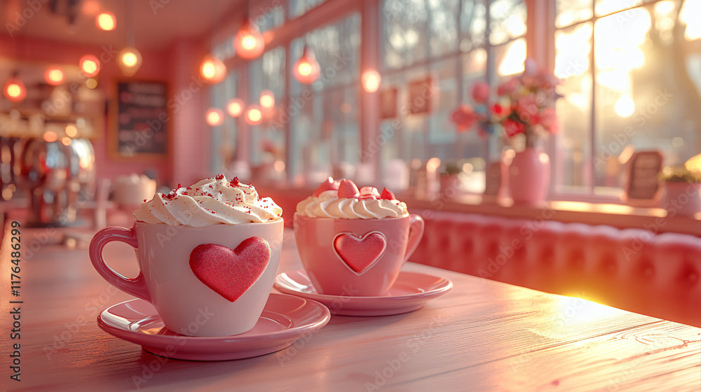 Obraz premium A charming Valentine's-themed café featuring heart-shaped desserts, soft sunlight, perfect for romantic occasions, Valentine's Day celebrations, or cozy gatherings.
