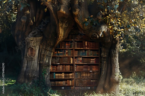 A whimsical image depicts a hollowedout tree trunk concealing a library filled with antique books. The scene evokes a sense of mystery and wonder, suggesting a hidden, magical place for reading and kn photo