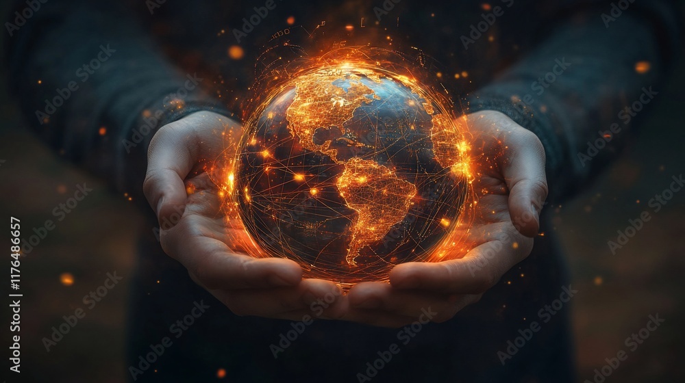 Fototapeta premium Burning Earth in hands, climate change