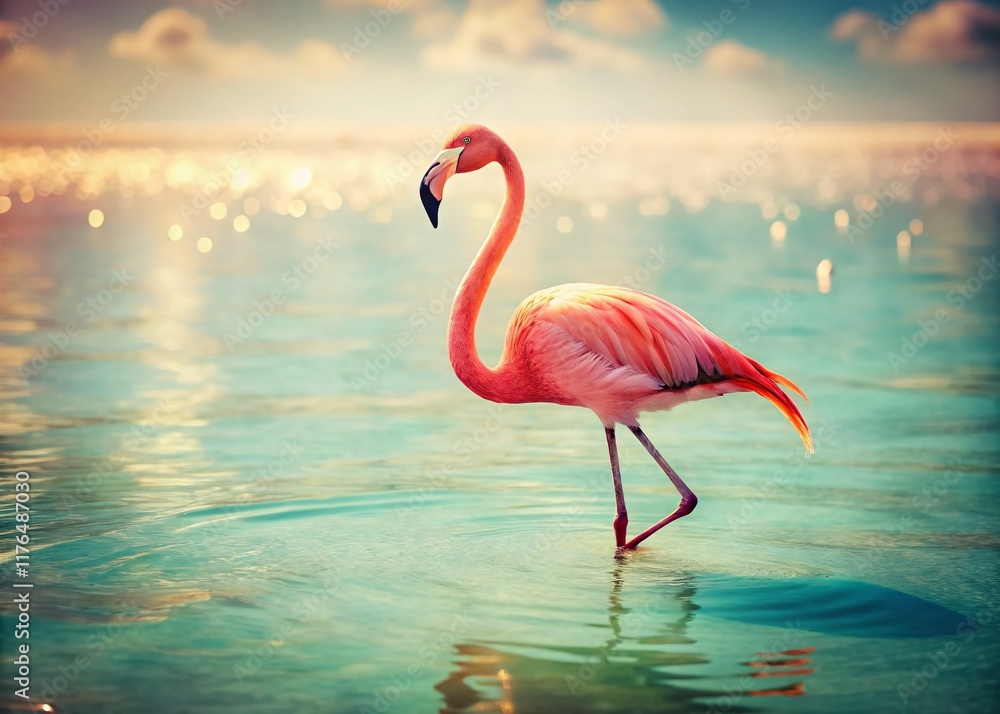 Fototapeta premium Vintage Pink Flamingo in Water - Retro Bird Photography