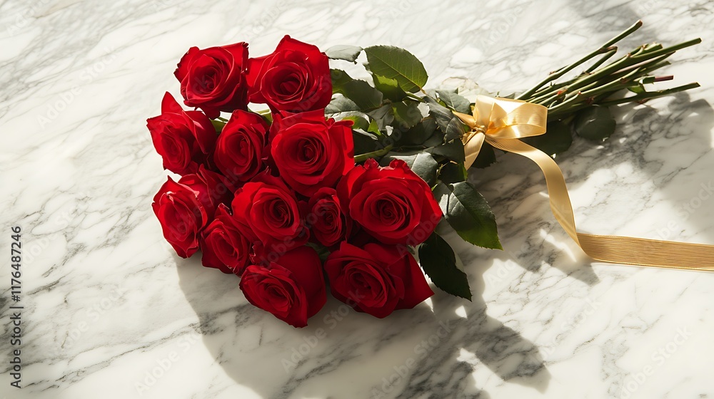 A dozen red roses tied with a golden ribbon on a marble table