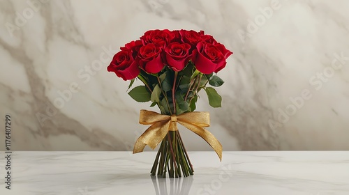 Fototapeta Naklejka Na Ścianę i Meble -  A dozen red roses tied with a golden ribbon on a marble table