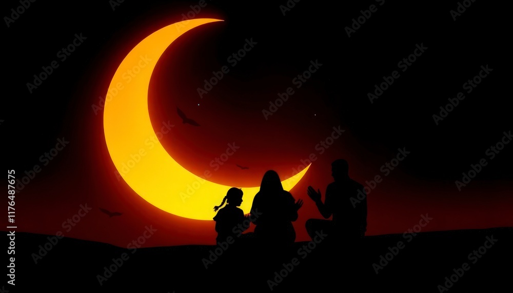 Fototapeta premium silhouette of family at sunset. family is praying. eid mubarak greeting card. illustration of a couple in the night
