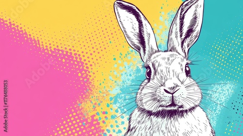 Trendy Easter Banner with Vibrant Pop Art Illustration of a Rabbit Against Colorful Background Splashes with Space for Text, Images and Social Media Content.