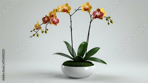 Elegant Yellow and Red Orchid in White Pot