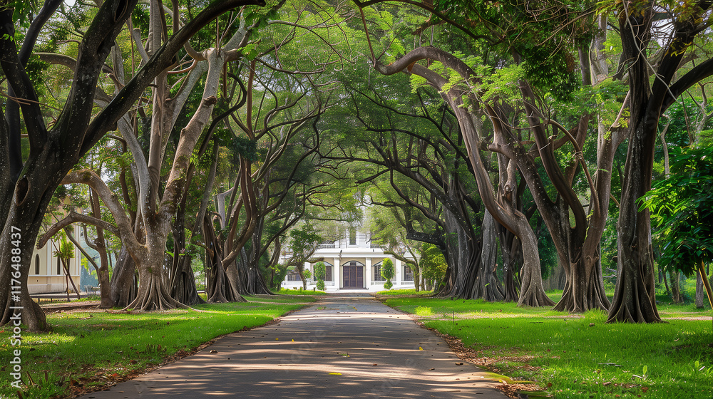 Obraz premium A long path with trees on either side. The trees are tall and leafy. The path is lined with trees and is surrounded by a green area