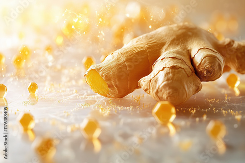 Immunity-enhancing ginger root extract with radiant molecules on soft orange and white backdrop photo