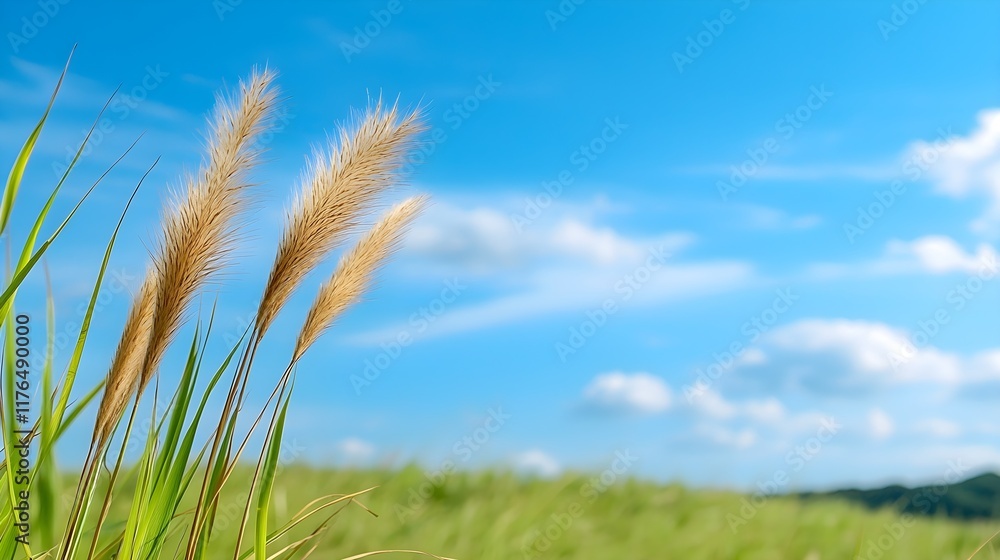 A close-up view of tall grass with feathery, golden seed heads swaying gently in a bright, sunny field against a vibrant blue sky dotted with fluffy white clouds. A close-up view of tall grass with feathery, golden seed heads swaying gently in a bright, sunny field against a vibrant blue sky dotted with fluffy white clouds.