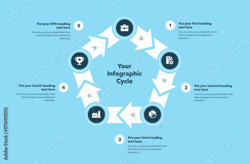 Infographic cycle template with five steps - blue version. Flat design with minimalistic icons and place for your texts.