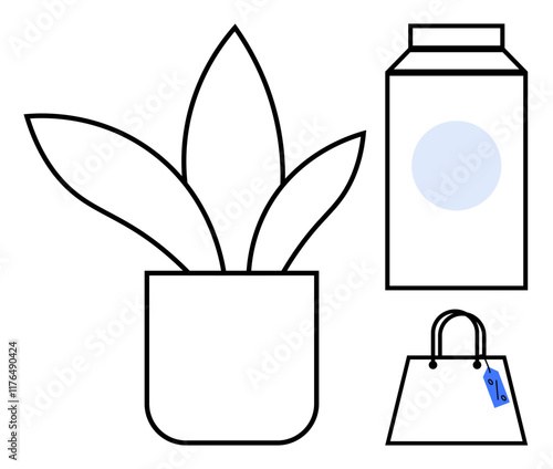 Plant in a pot next to a milk carton and a shopping bag with a sale tag. Ideal for nature, home decor, sustainability, shopping, lifestyle, modern living, minimalism. Simple abstract line flat